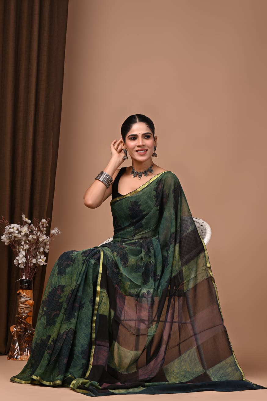 Hand Painted Bagru Hand block Saree