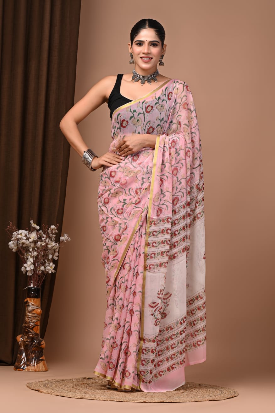 Hand Painted Bagru Hand block Saree