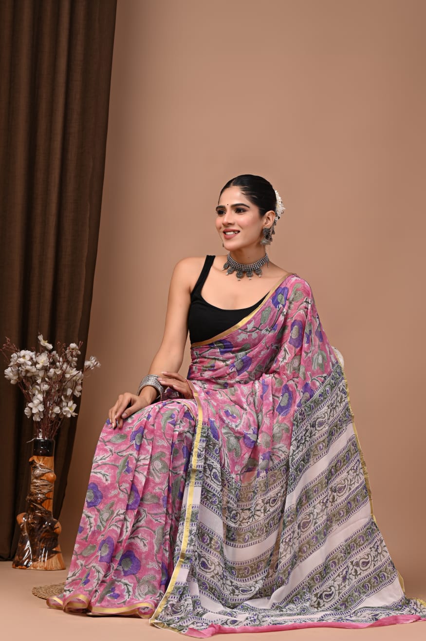 Hand Painted Bagru Hand block Saree