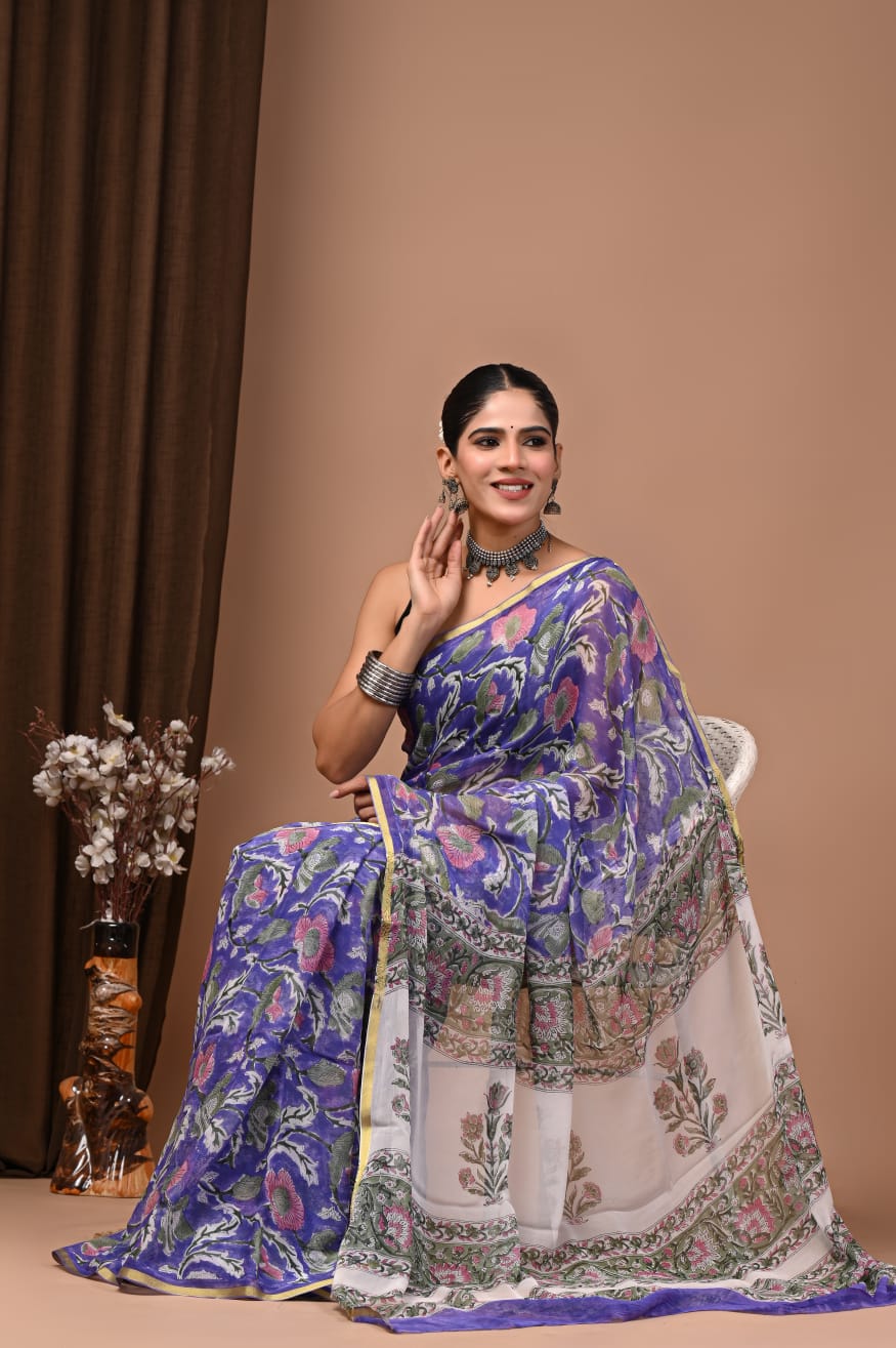 Hand Painted Bagru Hand block Saree