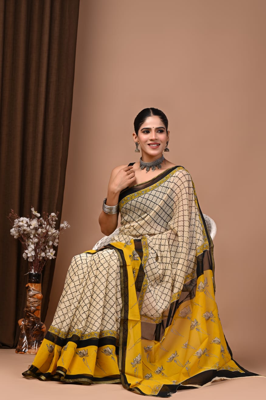 Hand Painted Bagru Hand block Saree