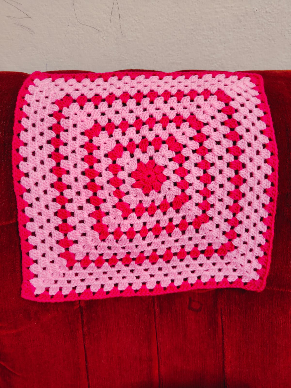 Handcrafted Pink Crochet Granny Square Cushion Cover