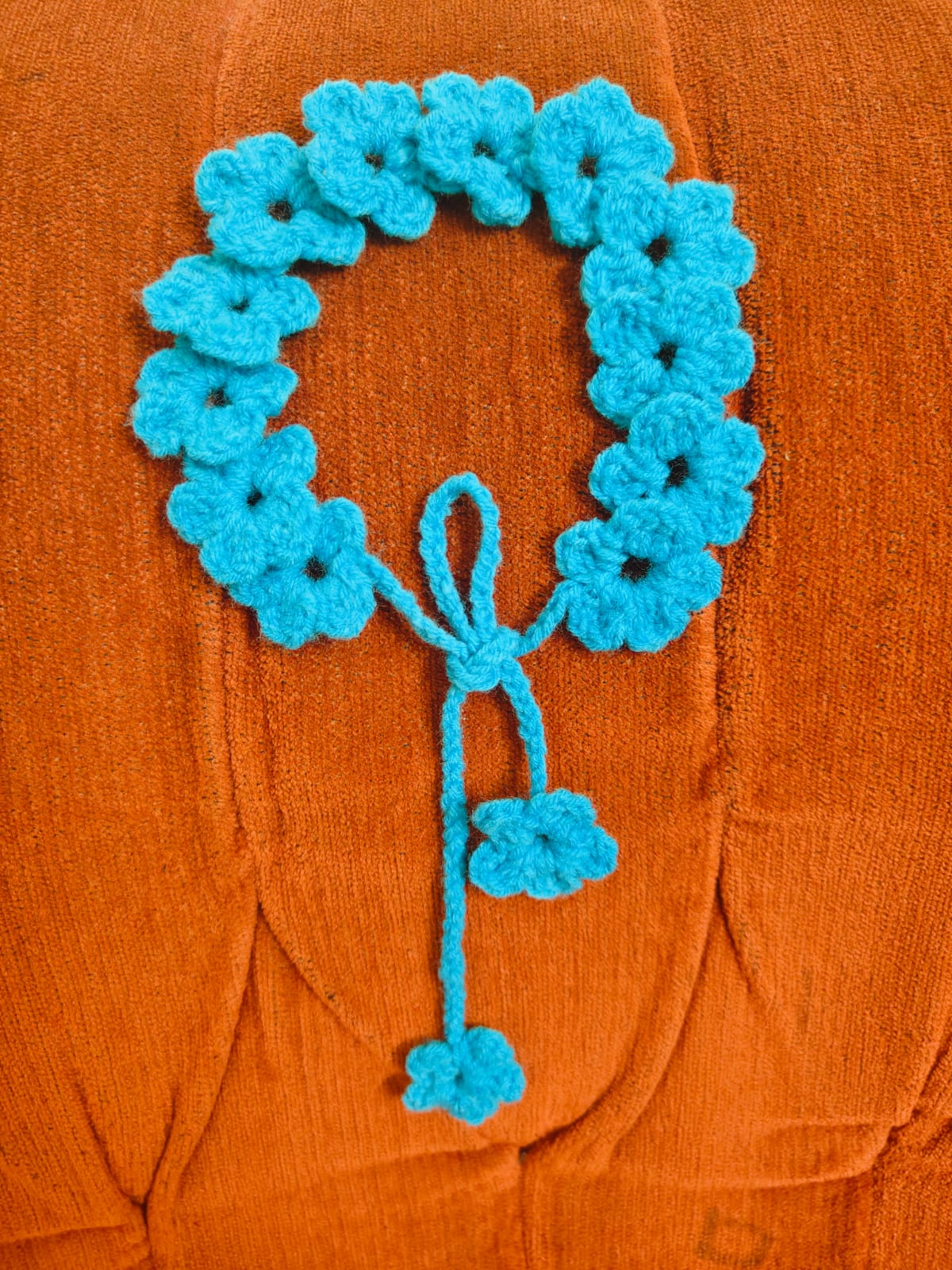 Handmade Crochet Blue Flower Hair Band with Tie Back