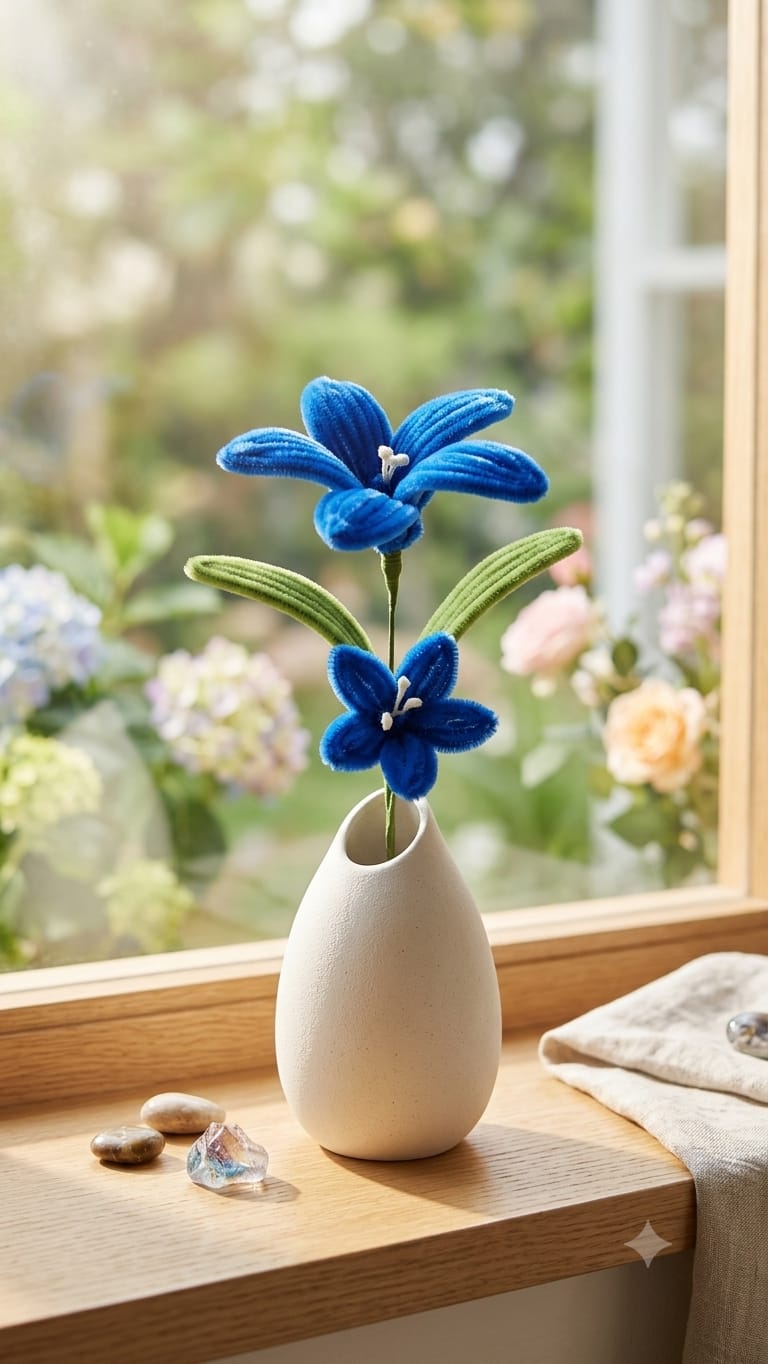Handmade Pipe Cleaner Blue Lily & Bellflower Stem