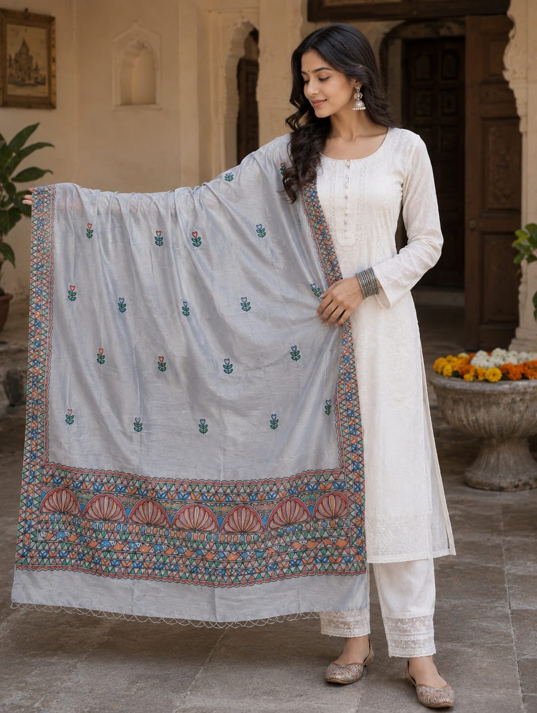 Hand-Painted Madhubani Silk Dupatta
