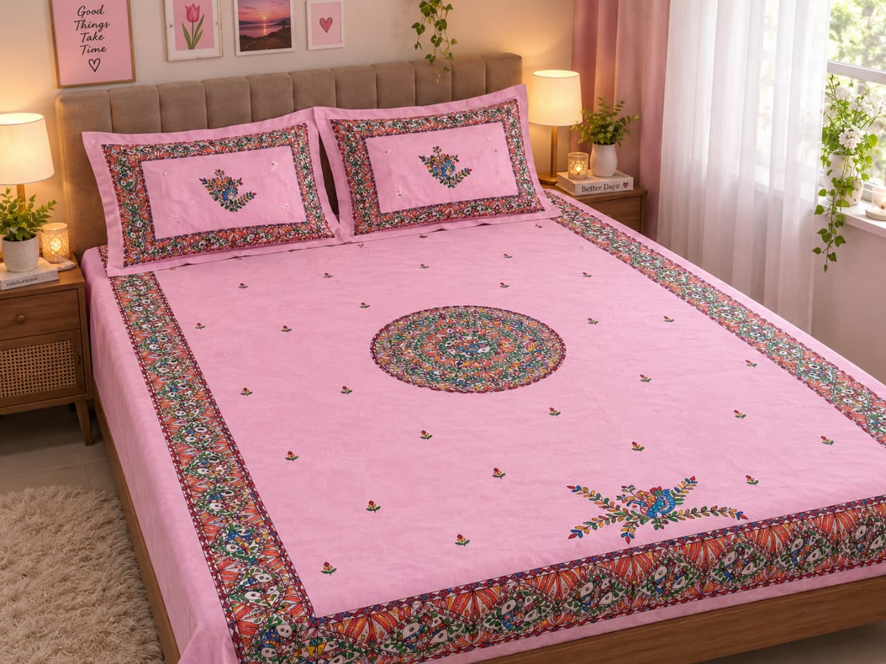 Handcrafted Pink Cotton Double Bed Sheet