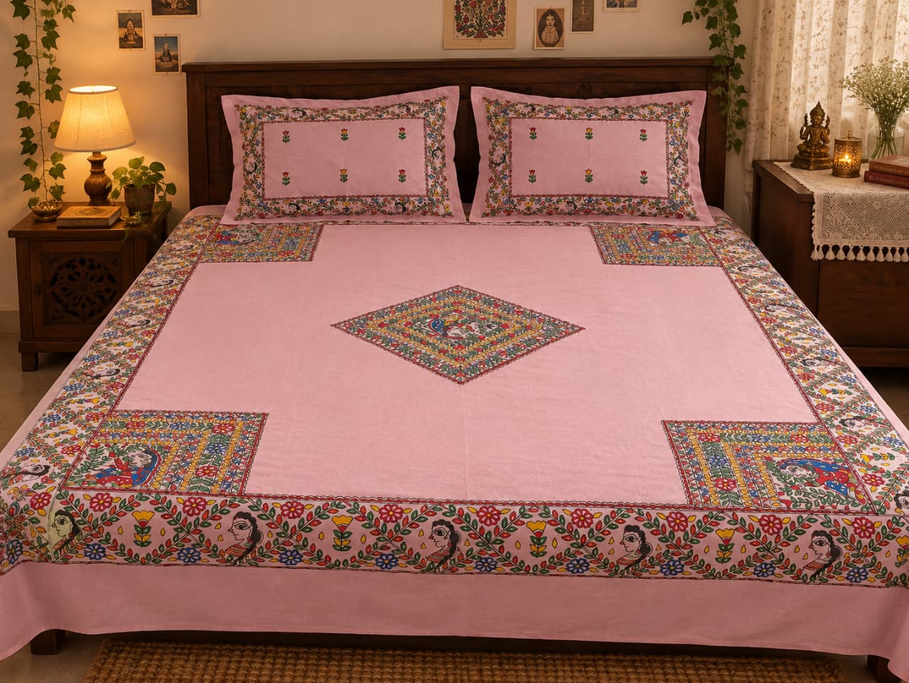Handcrafted Pink Cotton Double Bed Sheet