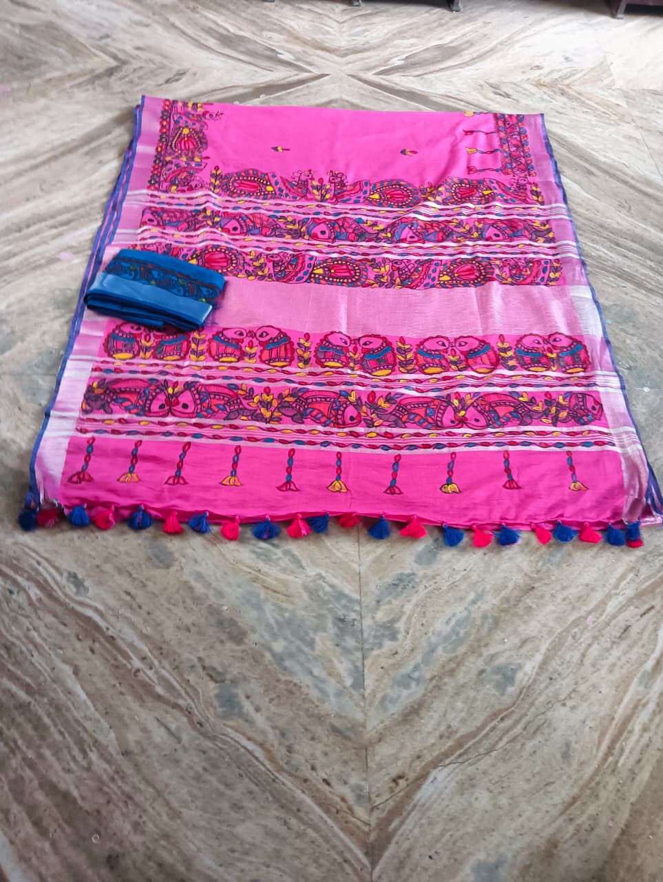 Handcrafted Madhubani Art Saree with Contrast Blue Blouse Piece