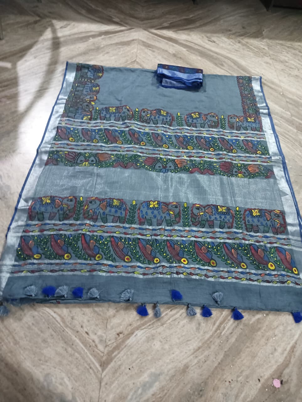 Hand-Painted Folk Art Saree in Slate Blue