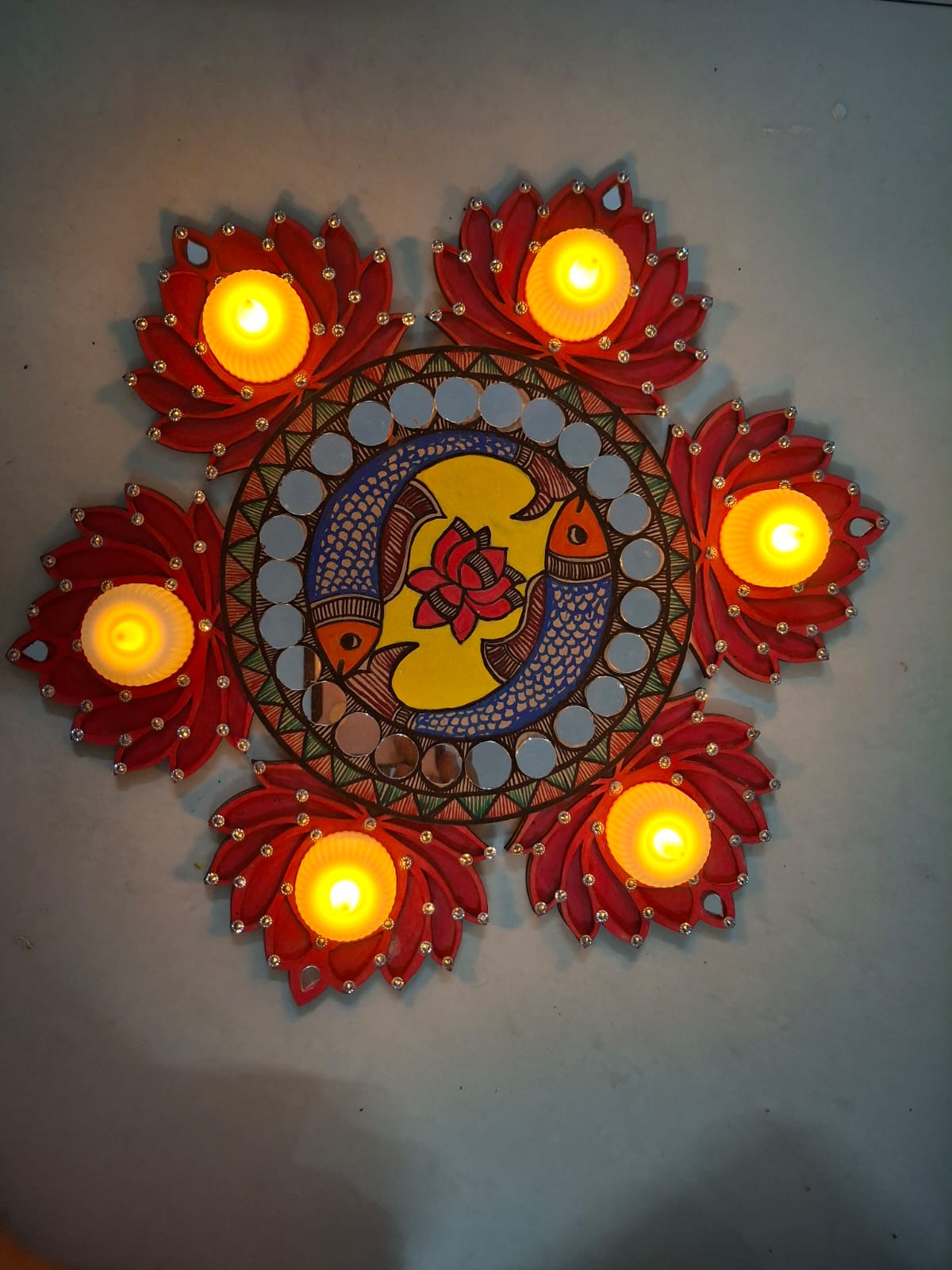 Handcrafted Madhubani-Style Lotus Wooden Tealight Rangoli