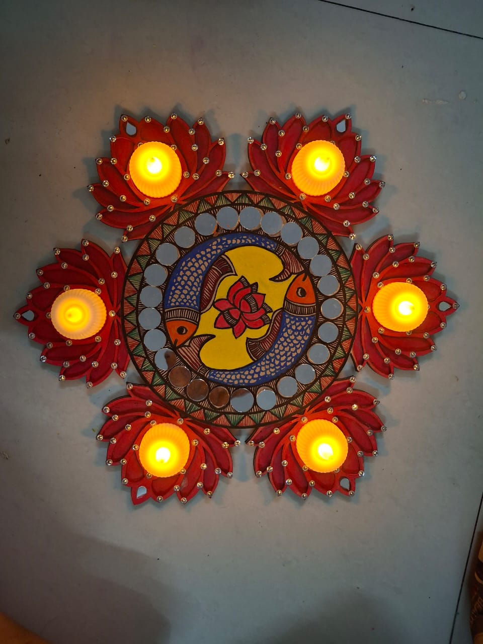 Handcrafted Madhubani-Style Lotus Wooden Tealight Rangoli