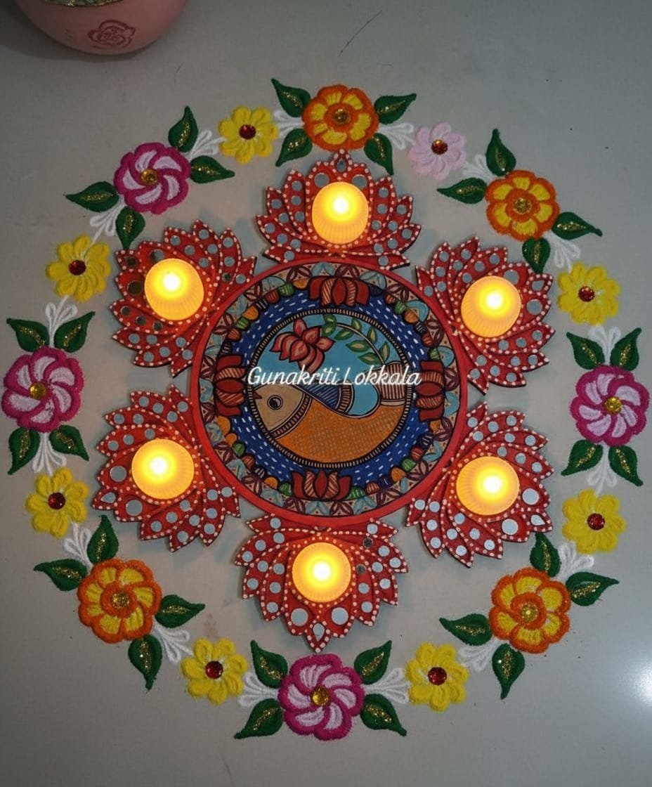 Handcrafted Madhubani-Style Lotus Wooden Tealight Rangoli