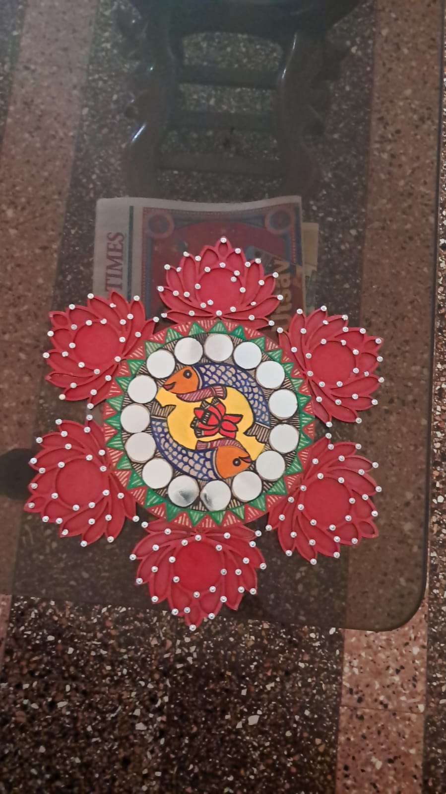 Handcrafted Madhubani-Style Lotus Wooden Tealight Rangoli