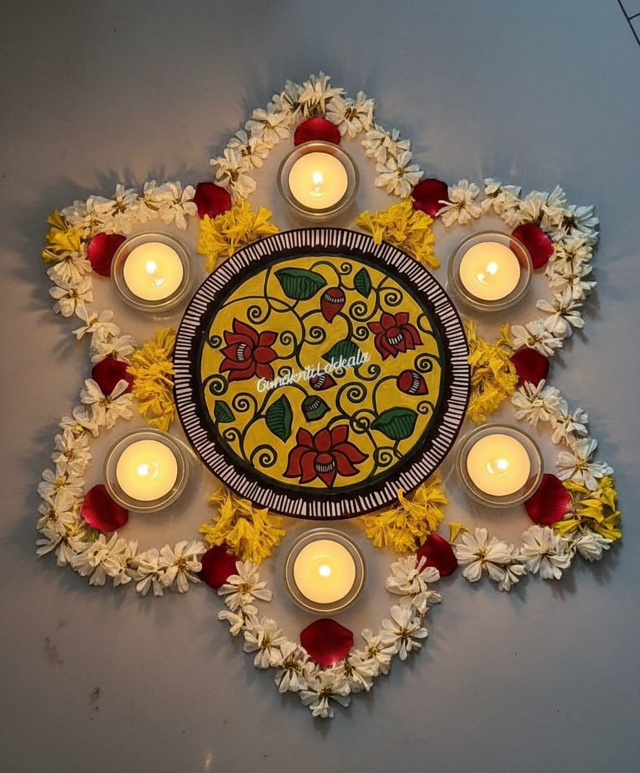 Handcrafted Madhubani-Style Lotus Wooden Tealight Rangoli