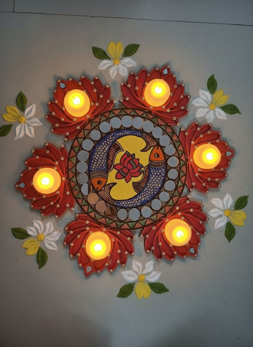 Handcrafted Madhubani-Style Lotus Wooden Tealight Rangoli