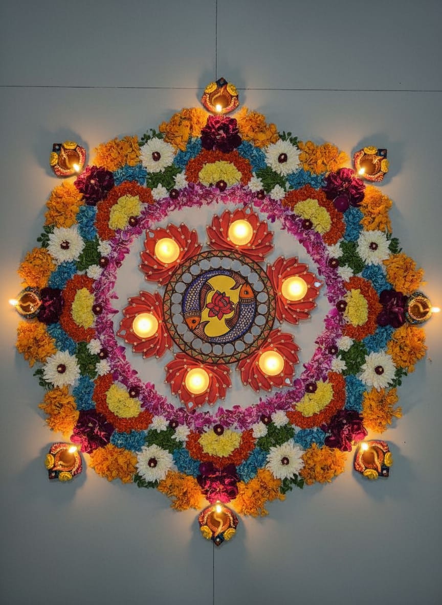 Handcrafted Madhubani-Style Lotus Wooden Tealight Rangoli